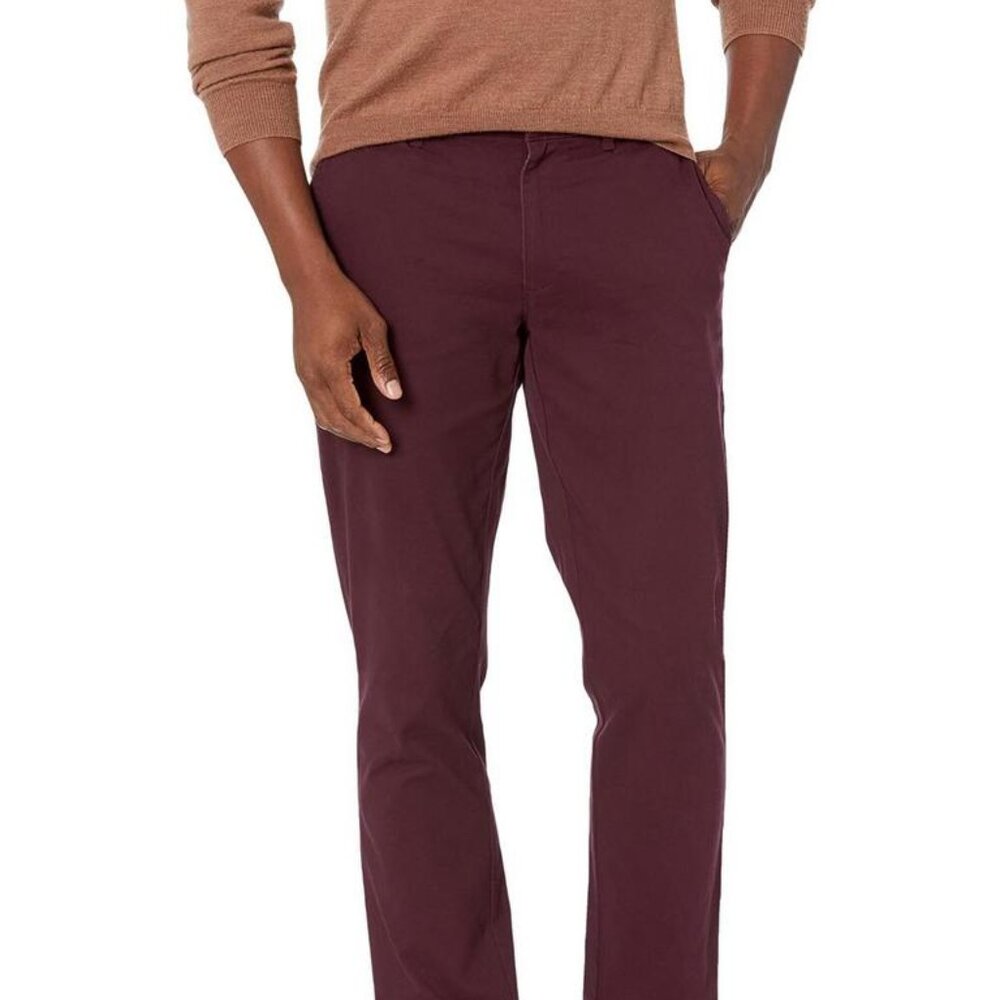 Essentials Men's Slim-Fit Casual Stretch Khaki Pant BURGANDY 40W X 29L